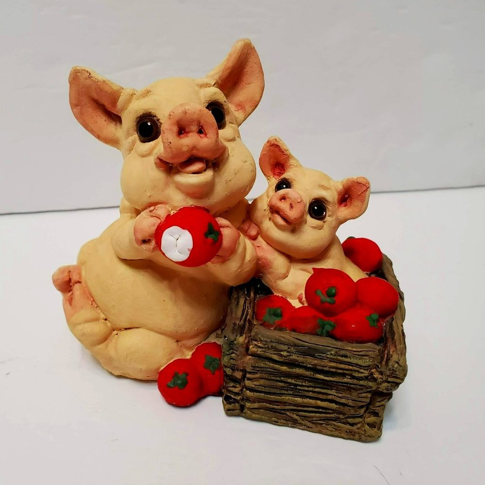 Vintage Ceramic Pig Figurine, Pigs with Basket of Apples, Farmhouse, Signed RBC